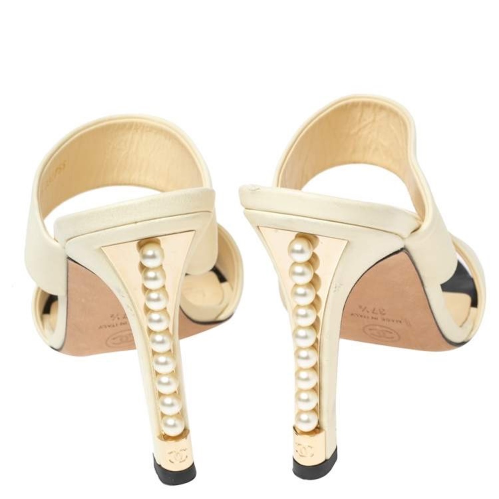 Chanel Cream Leather Pearl Embellished Heels Slide Sandals Size 41 - Picture 6 of 10